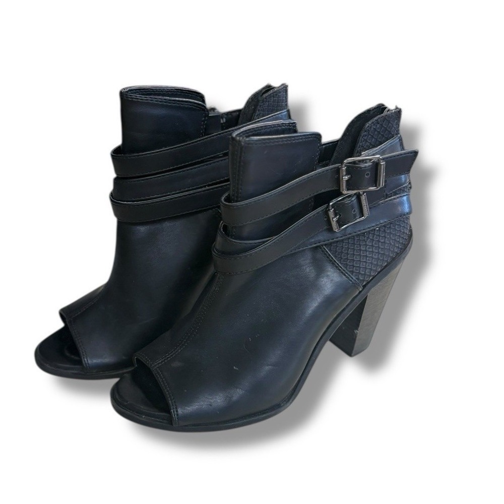Simply Vera Wang Black Peep Toe Ankle Boots Straps Buckles Back Zip  US Size 7.5